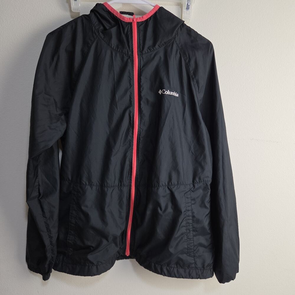 Columbia Jacket Black Pink Hooded Windbreaker Lightweight Full Zip Womens Size M